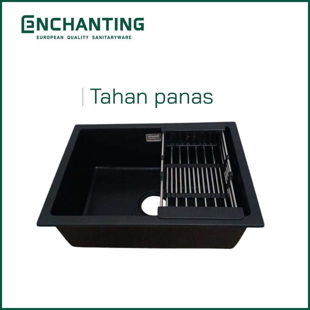 ENCHANTING Kitchen Sink E1089 Bak Cuci Piring Dapur Granite 1 Bowl Topmount Black E1089 Set Keran