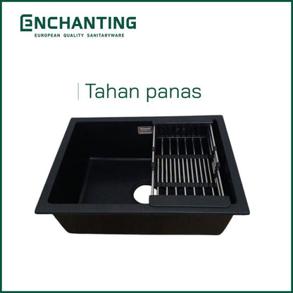 ENCHANTING Kitchen Sink E1089 Bak Cuci Piring Dapur Granite 1 Bowl Topmount Black E1089 Set Keran