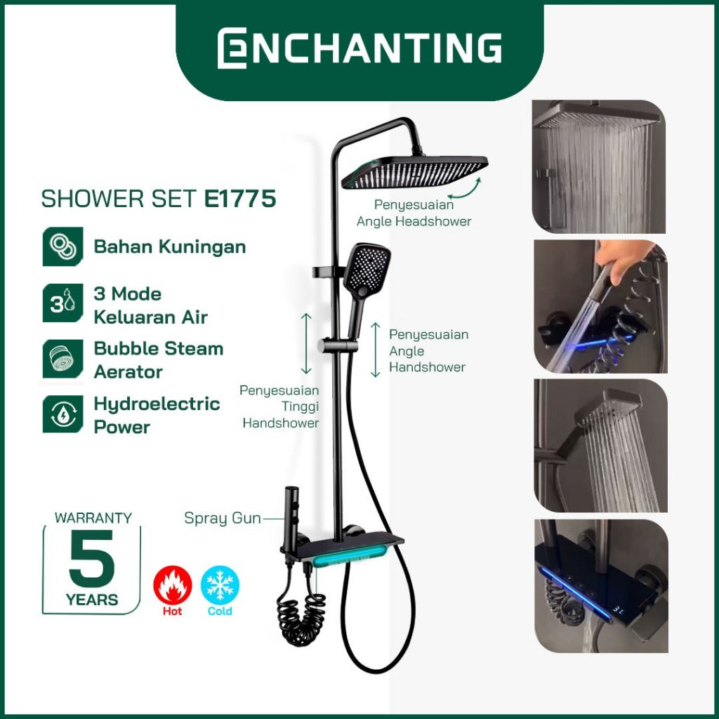Shower Tiang Set E1775 LED Black Gun Metal Design Enchanting HydroPower Series