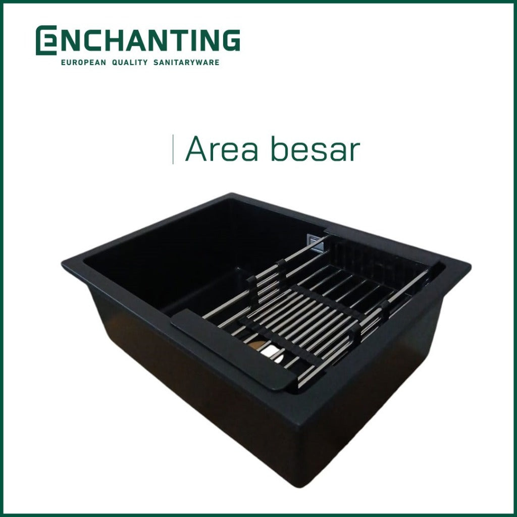 ENCHANTING Kitchen Sink E1089 Bak Cuci Piring Dapur Granite 1 Bowl Topmount Black E1089 Set Keran