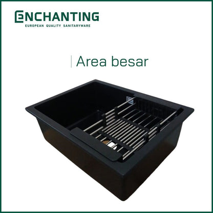 ENCHANTING Kitchen Sink E1089 Bak Cuci Piring Dapur Granite 1 Bowl Topmount Black E1089 Set Keran