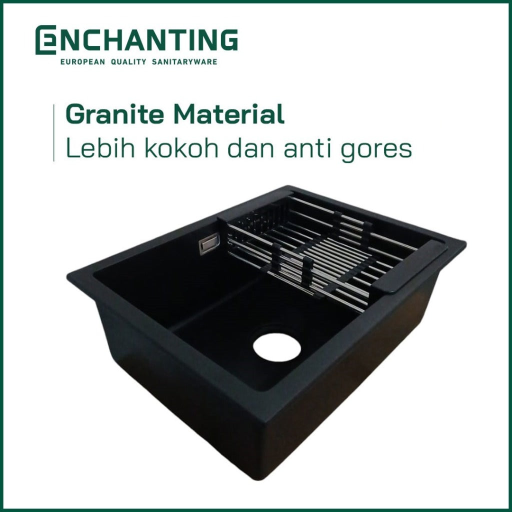 ENCHANTING Kitchen Sink E1089 Bak Cuci Piring Dapur Granite 1 Bowl Topmount Black E1089 Set Keran