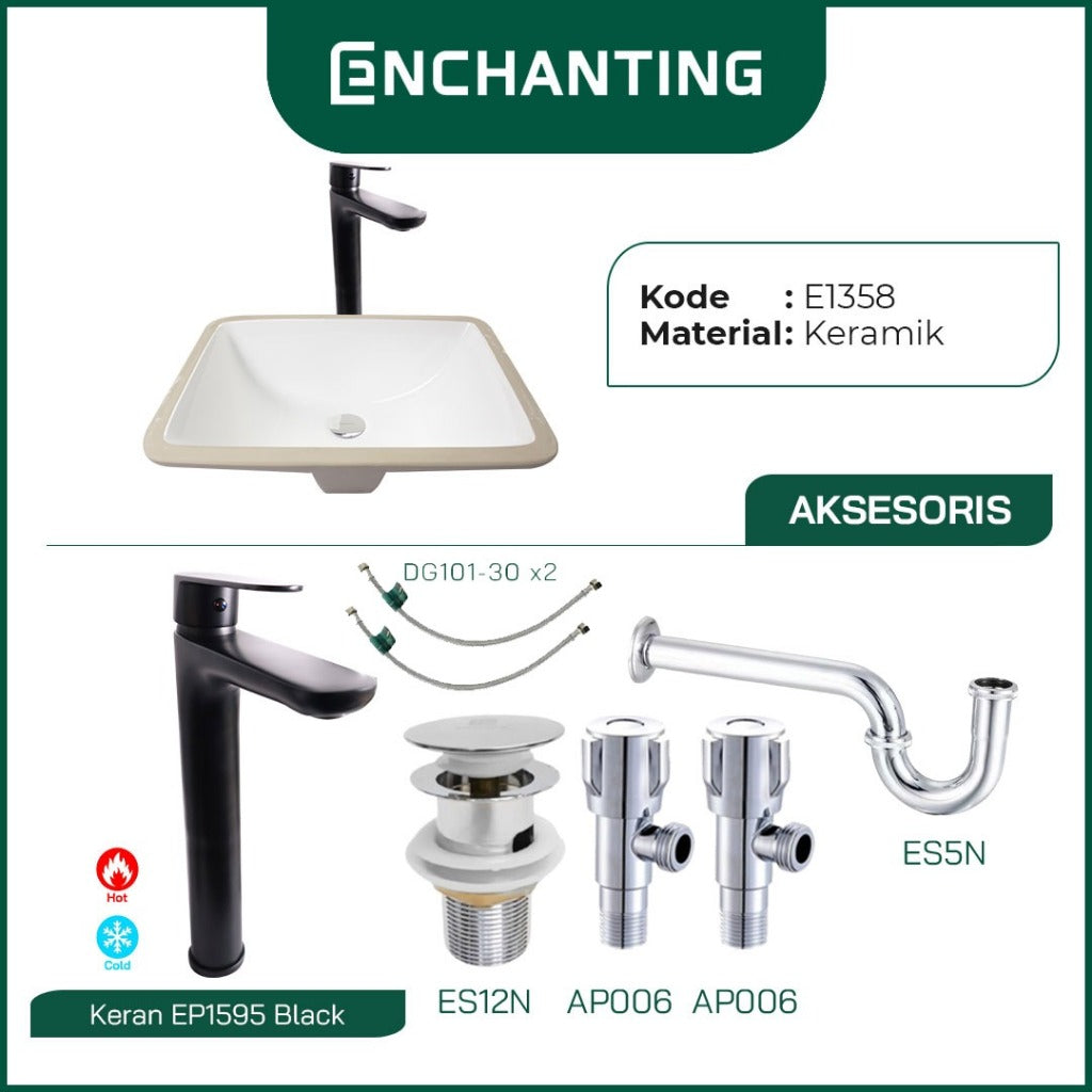 ENCHANTING Wastafel Tanam Meja UnderMount Washtafel Kamar Mandi Cuci Tangan under mount Putih Modern Minimalis Material Keramik Europe Enchanting E1358