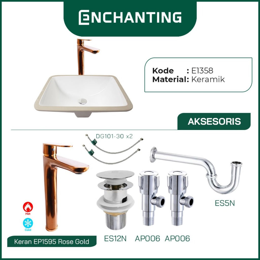 ENCHANTING Wastafel Tanam Meja UnderMount Washtafel Kamar Mandi Cuci Tangan under mount Putih Modern Minimalis Material Keramik Europe Enchanting E1358