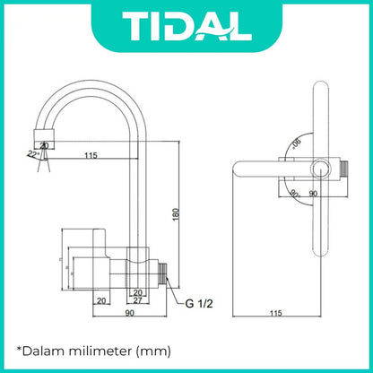 TIDAL Kitchen Faucet / Keran Air Dapur Tembok Angsa Kran Air Dingin Cartridge Kuningan Hitam Black Tidal TD023
