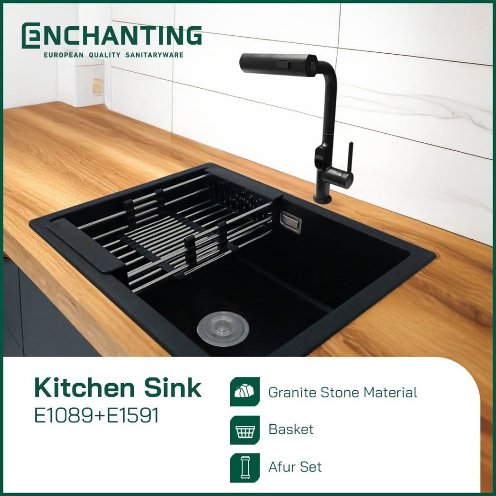 ENCHANTING Kitchen Sink E1089 Bak Cuci Piring Dapur Granite 1 Bowl Topmount Black E1089 Set Keran