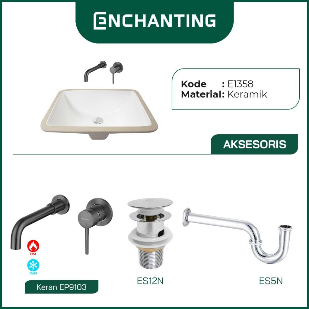 ENCHANTING Wastafel Tanam Meja UnderMount Washtafel Kamar Mandi Cuci Tangan under mount Putih Modern Minimalis Material Keramik Europe Enchanting E1358
