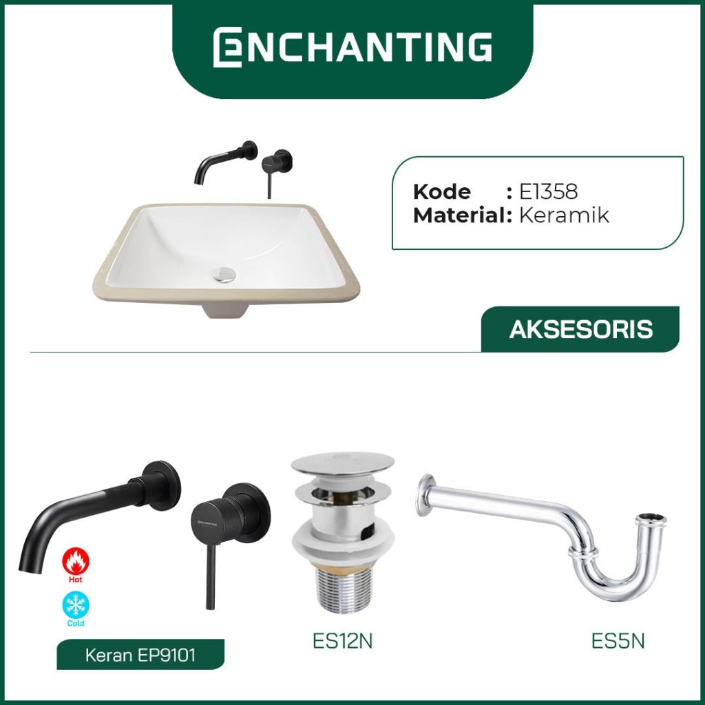 ENCHANTING Wastafel Tanam Meja UnderMount Washtafel Kamar Mandi Cuci Tangan under mount Putih Modern Minimalis Material Keramik Europe Enchanting E1358