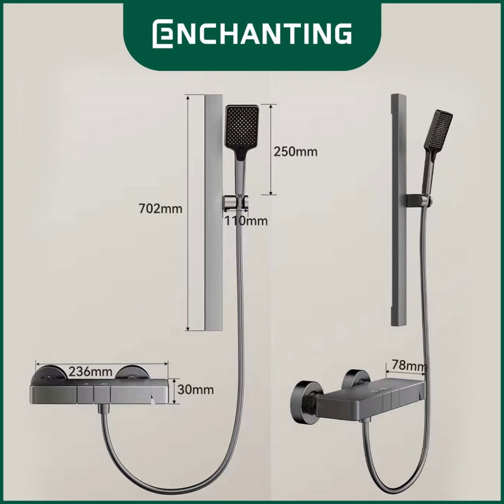 ENCHANTING Shower Brushed Gunmetal Grey Air Panas Dingin Brass Material Mode Air Terjun Piano Button EP1607
