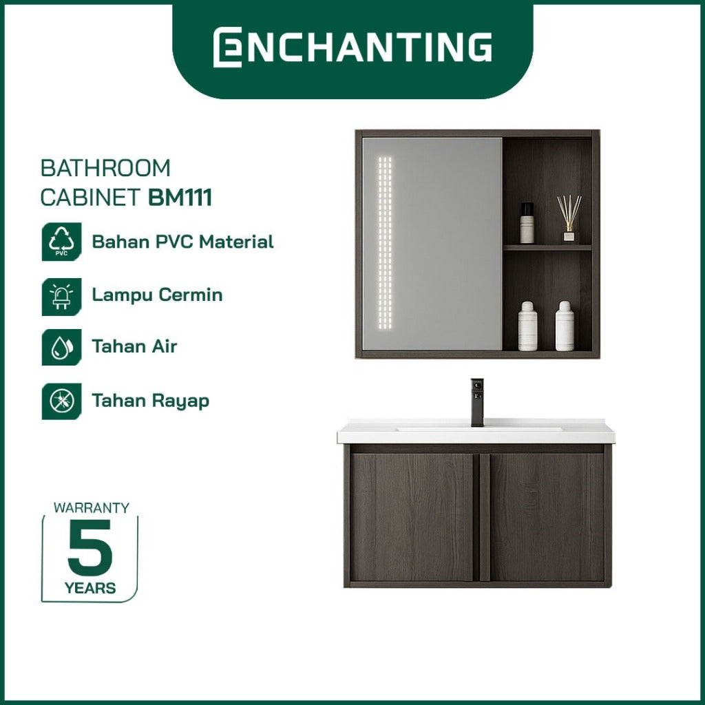 ENCHANTING Bathroom Cabinet/Kabinet Kamar Mandi Gantung PVC Material Waterproof Tahan Rayap Lampu LED Cream Cokelat Hitam BM109 BM110 BM111