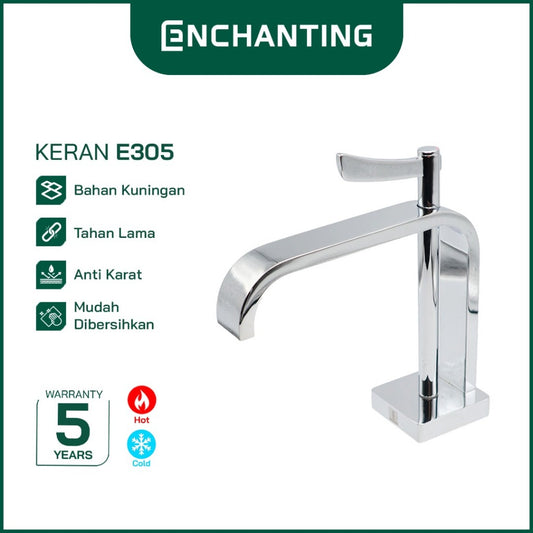 ENCHANTING Keran Air Wastafel Tanam Panas Dingin Chrome Kuningan Kran Air Tinggi E305