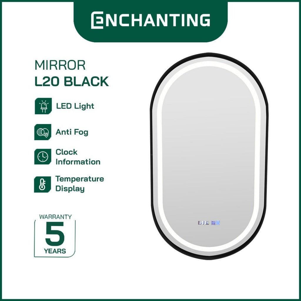 ENCHANTING Cermin/Mirror Oval LED Digital Black Golden Gun Grey Sensor Kaca Wastafel Europe Enchanting L20