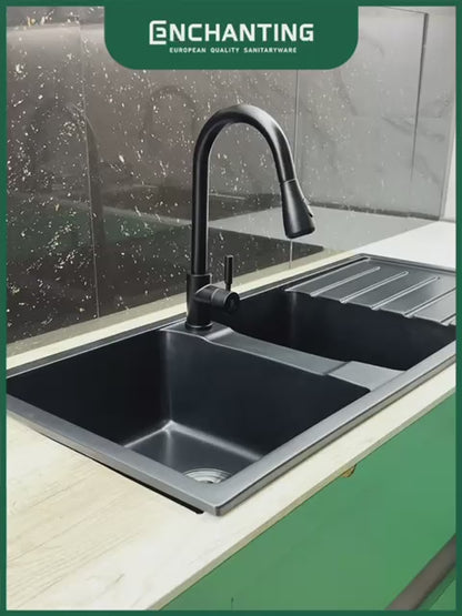 ENCHANTING E1088+E1583HC Black Kitchen Sink Bak Cuci Piring Dapur Granite 2 Bowl Topmount Set Keran Panas Dingin